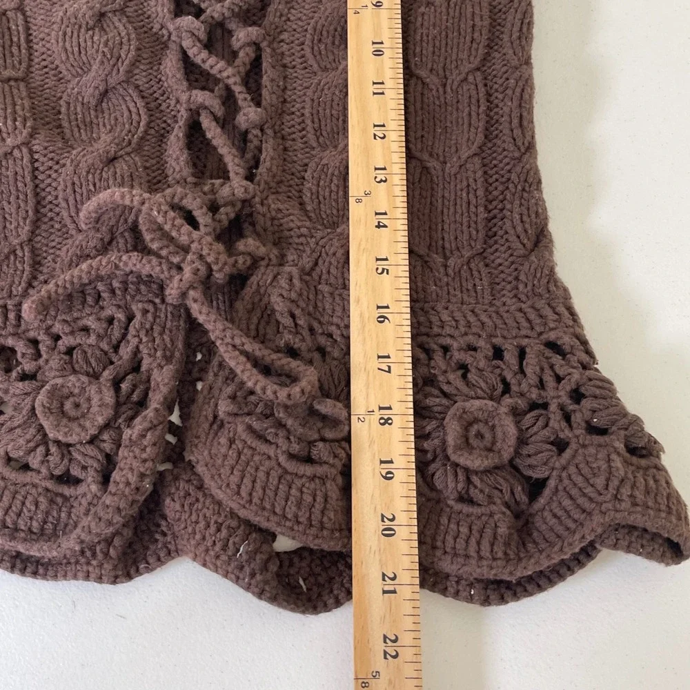 Vintage Nellik Crochet Lace Up Vest Women XS Brown Knit Floral Boho Festival Y2K